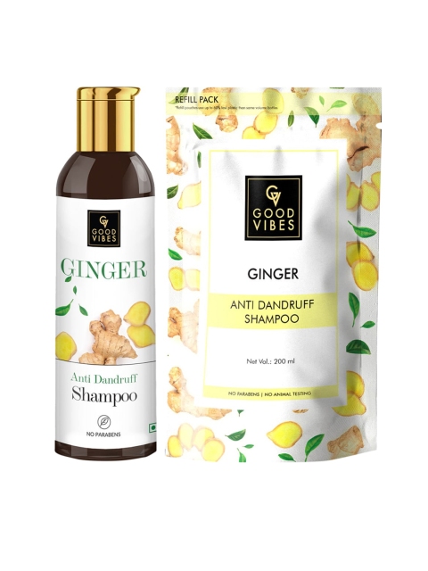 

Good Vibes Set Of 2 Ginger Anti Dandruff Shampoo Bottle & Pouch 400ml, Transparent