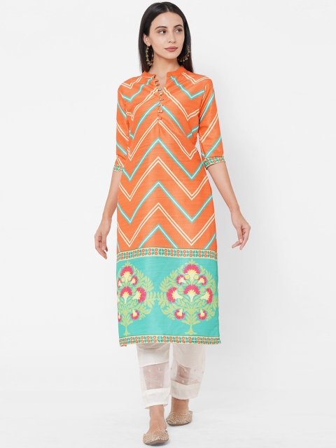 

FASHOR Women Orange Geometric Printed Thread Work Kurta