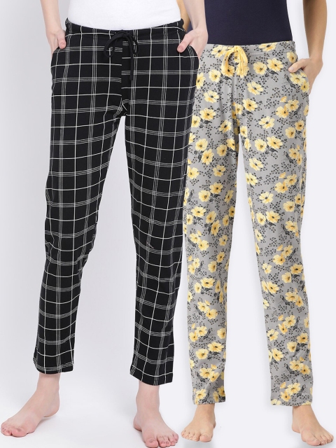 

Kanvin Women Pack Of 2 Printed Pure Cotton Lounge Pants, Black