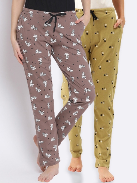 

Kanvin Women Pack Of 2 Printed Pure Cotton Lounge Pants, Brown
