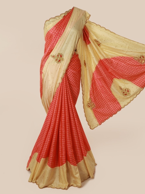 

Pothys Red & Beige Art Silk Embellished Saree