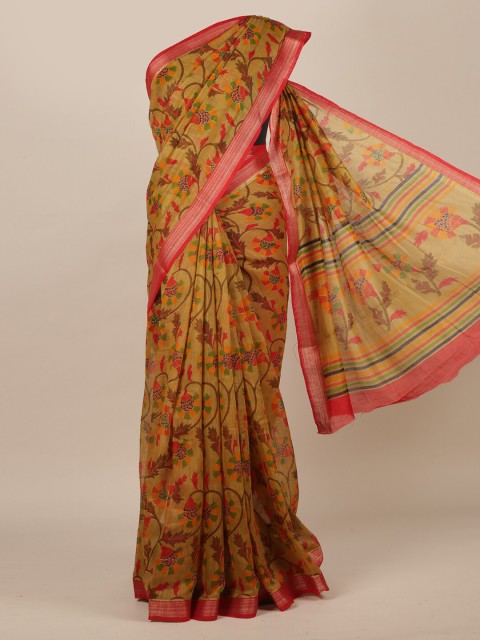 

Pothys Olive Green & Red Jute Silk Printed Saree