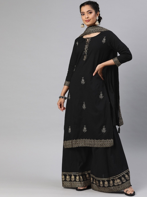 

Ishin DESIGNER STUDIO Women Black Ethnic Motifs Embroidered Layered A-Line Keyhole Neck