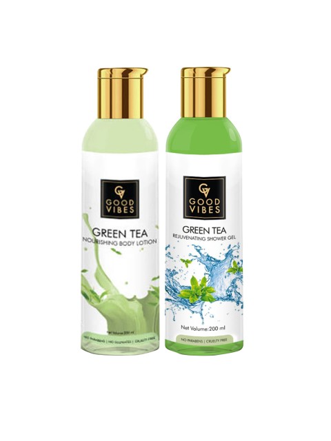 

Good Vibes Set of 2 Green Tea Nourishing Body Lotion & Green Tea Shower Gel Combo 400 ml, Transparent