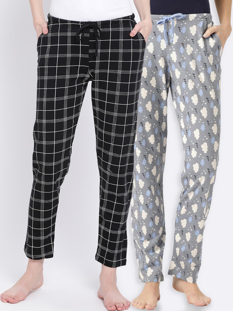 

Kanvin Women Pack of 2 Printed Pure Cotton Lounge Pants, Black