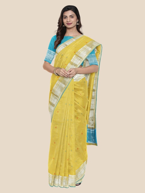 

Kalamandir Yellow & Blue Silk Cotton Woven Design Saree