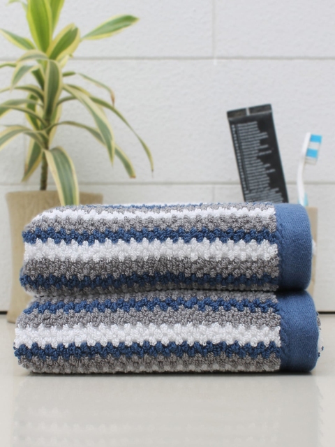 

AVI Living Set Of 2 Navy-Blue & White Striped 550 GSM Cotton Hand Towels