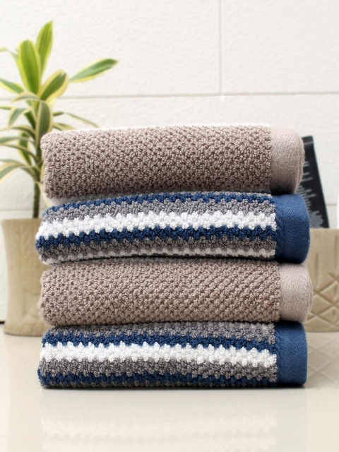 

AVI Living Unisex Set Of 4 Striped 550 GSM Cotton Hand Towels, Navy blue