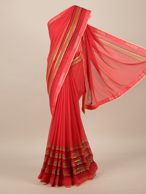 

Pothys Red Striped Poly Chiffon Saree
