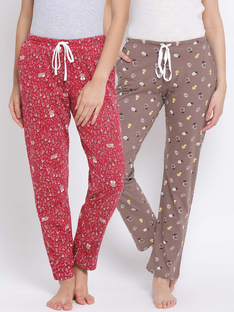 

Kanvin Women Pack of 2 Printed Pure Cotton Lounge Pants, Brown