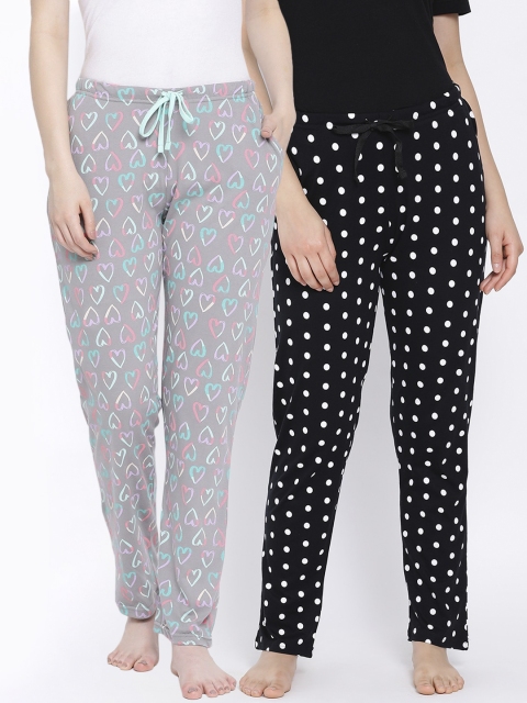 

Kanvin Women Pack of 2 Printed Pure Cotton Lounge Pants, Black