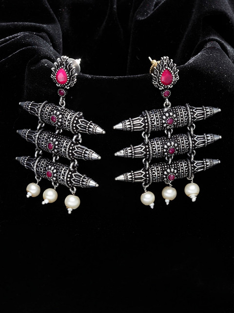 

PANASH Silver-Plated & Pink Oxidised Contemporary Drop Earrings