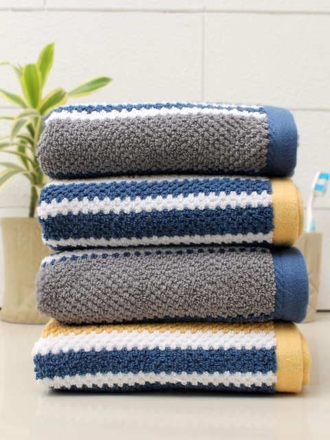 

AVI Living Pack Of 4 Mustard-Yellow & Navy-Blue Striped 600GSM Cotton Hand Towels