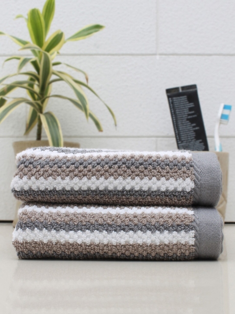 

AVI Living Unisex Set Of 2 Beige & White Striped 550 GSM Cotton Hand Towels