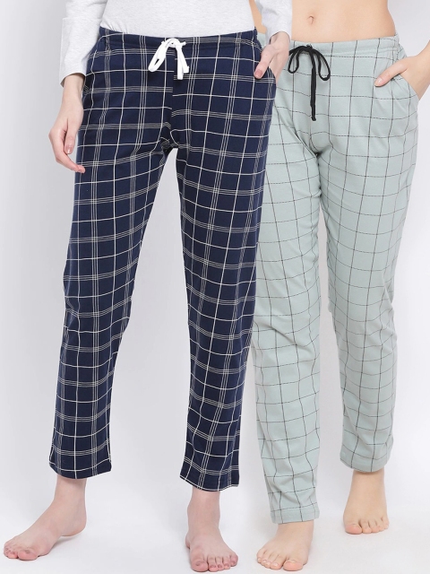 

Kanvin Women Pack Of 2 Checked Pure Cotton Lounge Pants, Navy blue