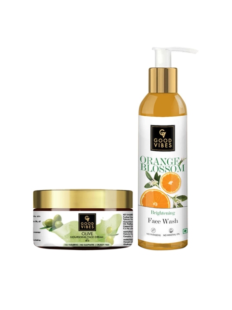 

Good Vibes Orange Blossom Face Wash & Olive Face Cream Combo 170 ml, Transparent