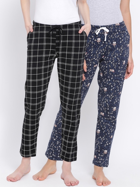 

Kanvin Women Pack of 2 Printed Pure Cotton Lounge Pants, Black
