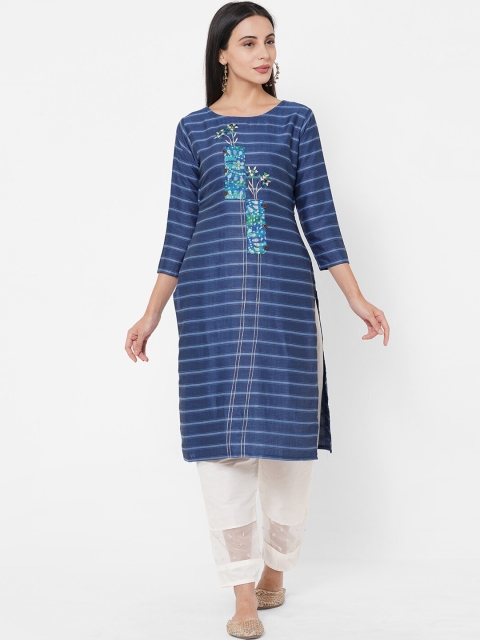 

FASHOR Women Blue Striped Straight Kurta