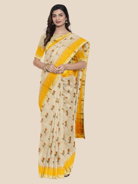 

Kalamandir Cream-Coloured & Yellow Silk Blend Printed Venkatgiri Saree