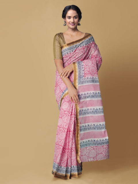 

Unnati Silks White & Pink Pure Cotton Printed Dabu Saree