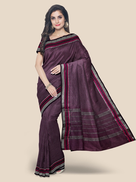 Kalamandir Purple & Silver-Toned Pure Cotton Checked Mangalagiri Saree