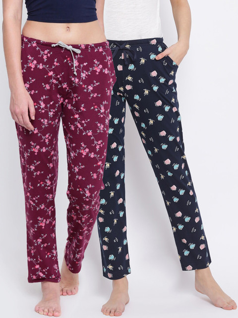 

Kanvin Women Pack Of 2 Printed Pure Cotton Lounge Pants, Navy blue