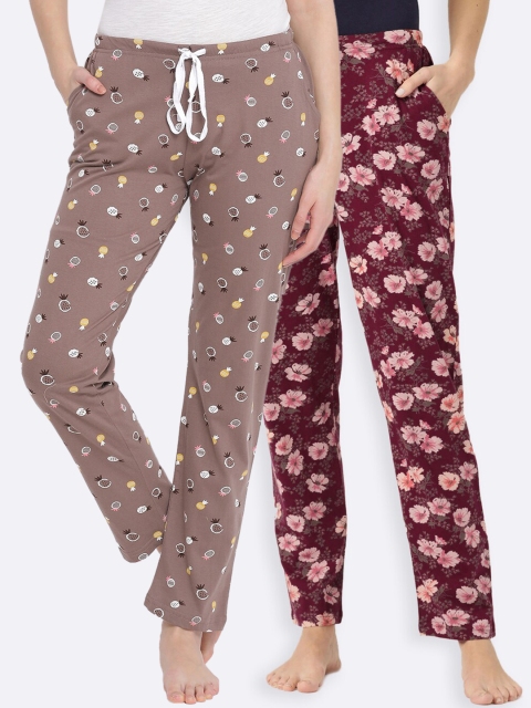 

Kanvin Women Pack of 2 Printed Pure Cotton Lounge Pants, Brown