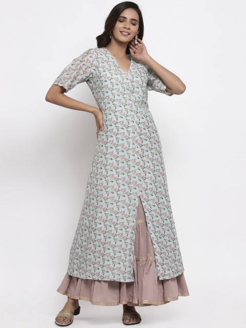 

Kiaasa Women Sea Green & Pink Floral Printed Kurta