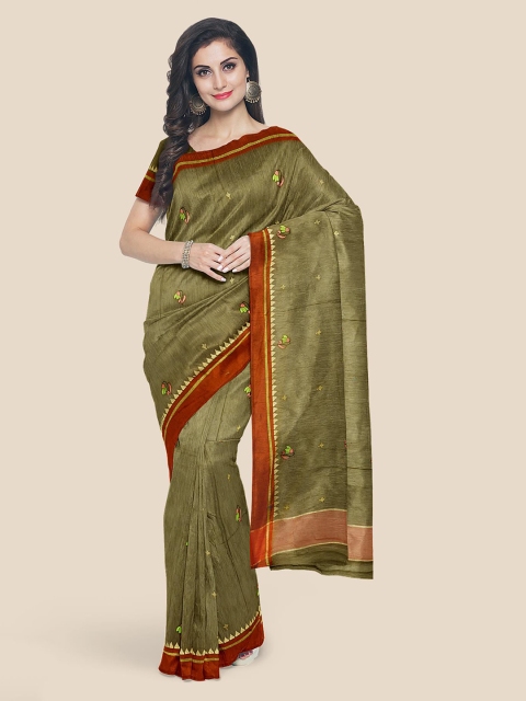 

Kalamandir Olive Green & Red Silk Cotton Embroidered Saree