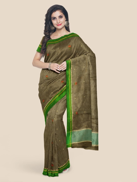 

Kalamandir Olive Green Embroidered Silk Cotton Saree