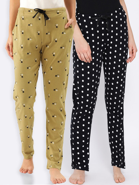 

Kanvin Women Pack of 2 Printed Pure Cotton Lounge Pants, Black