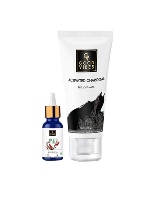 

Good Vibes Set Of 2 Charcoal Peel Off Mask 100 g & Rose Hip Radiant Glow Face Serum 10 ml, Transparent