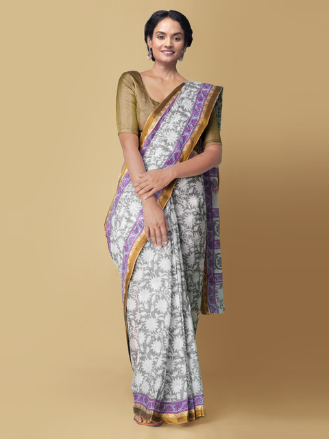 

Unnati Silks Pink & White Pure Cotton Hand Block Printed Handloom Dabu Sustainable Saree