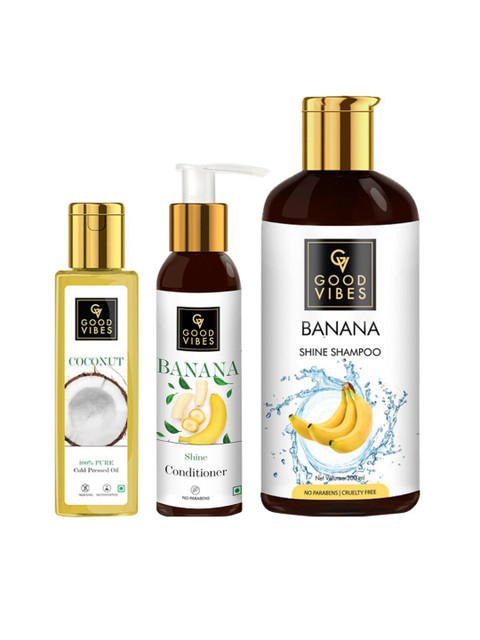 

Good Vibes Banana Shampoo, Conditioner and 100% Pure Coconut Carrier Oil Combo 520 ml, Transparent