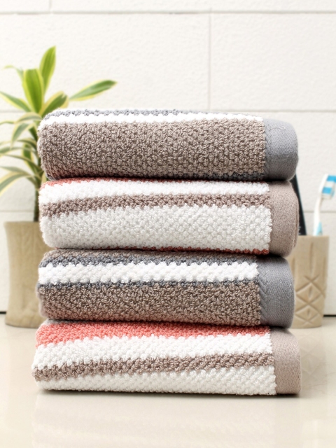 

AVI Living Set Of 4 Beige & White Textured Stripes 550 GSM Cotton Hand Towels