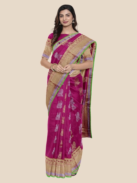 

Kalamandir Pink & Gold-Toned Silk Cotton Woven Design Mangalagiri Saree