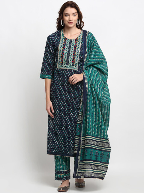 

ANAISA Women Navy Blue Ethnic Motifs Printed Regular Pure Cotton Kurta with Trousers & With Dupatta