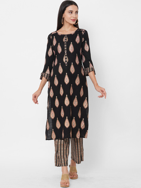 

FASHOR Women Black & Pink Ethnic Motifs Printed Regular Straight Kurta & Trousers