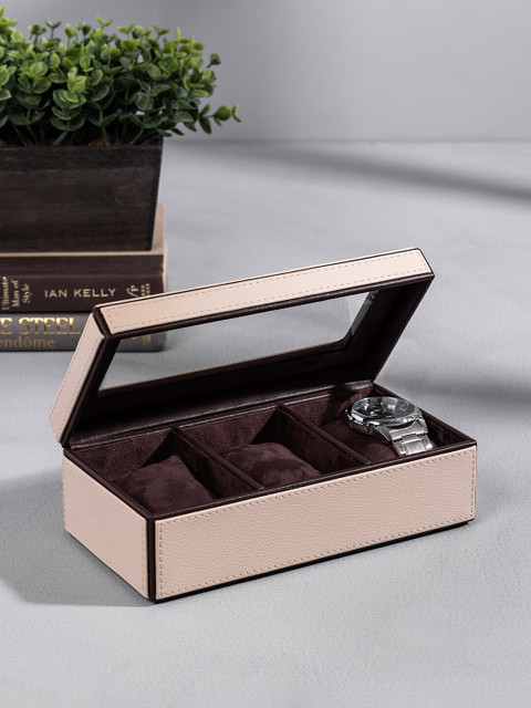 

Pure Home and Living Cream-Coloured & Brown Solid Faux Leather Watch Organiser