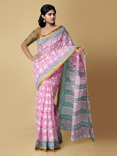 

Unnati Silks Pink & Blue Pure Cotton Printed Dabu Saree