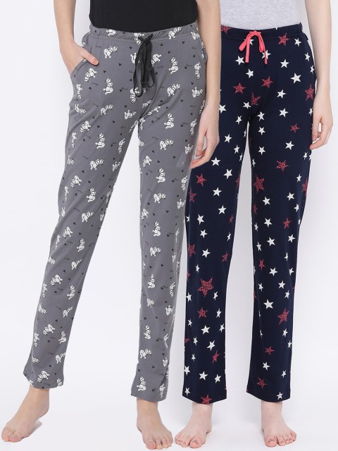 

Kanvin Women Pack Of 2 Printed Pure Cotton Lounge Pants, Grey