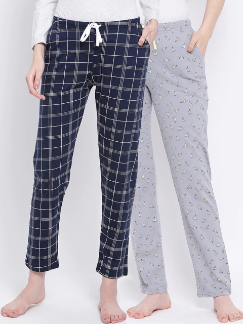 

Kanvin Women Pack of 2 Printed Pure Cotton Lounge Pants, Navy blue
