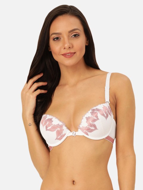 

MAKCLAN White & Peach-Coloured Printed Underwired Lightly Padded Plunge Bra