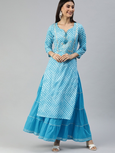 

Ishin DESIGNER STUDIO Women Blue Bandhani Printed Layered A-Line Pure Cotton Kurti &
