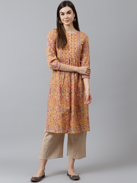 

QOMN Women Yellow & Pink Printed Straight Cotton Kurta