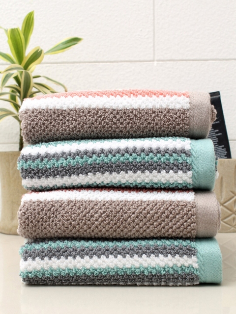 

AVI Living Unisex Set Of 4 Striped 550 GSM Cotton Hand Towels, Sea green