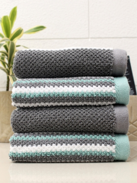 

AVI Living Set Of 4 Charcoal Grey & Sea Green Stripes 550 GSM Cotton Hand Towels
