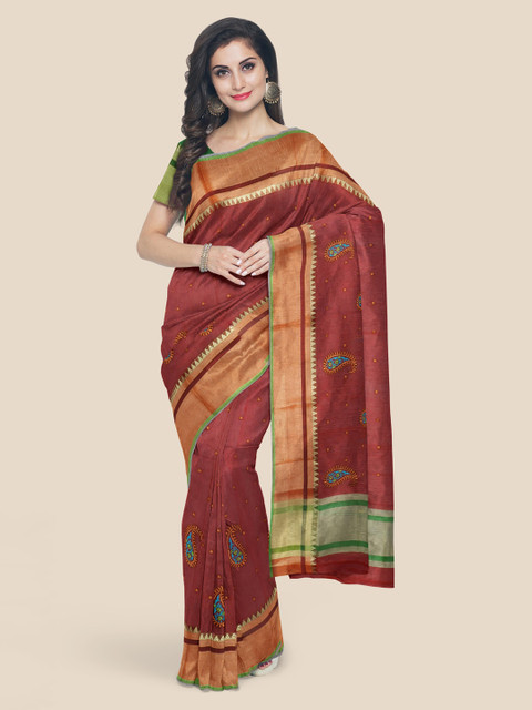 

Kalamandir Maroon Embroidered Silk Cotton Saree