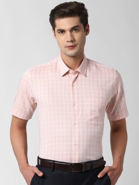 

Peter England Men Peach-Coloured & White Checked Pure Cotton Formal Shirt