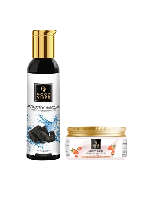 

Good Vibes Set Of 2 Activated Charcoal Shower Gel 200 ml & Strawberry Body Yogurt 200 g, Transparent